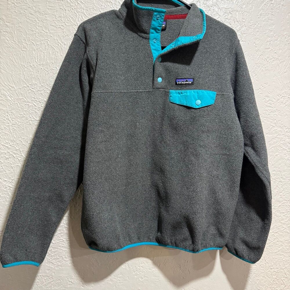 Patagonia Synchilla Snap T Pullover Gray Teal Fleece Jacket Women Small